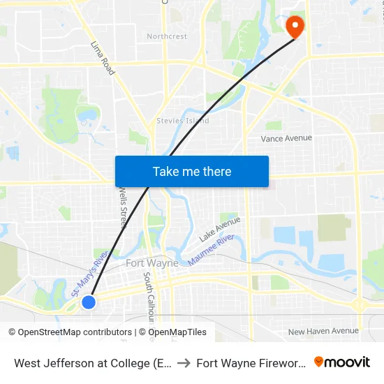 West Jefferson at College (Eb) to Fort Wayne Fireworks map