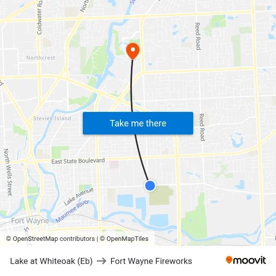 Lake at Whiteoak (Eb) to Fort Wayne Fireworks map