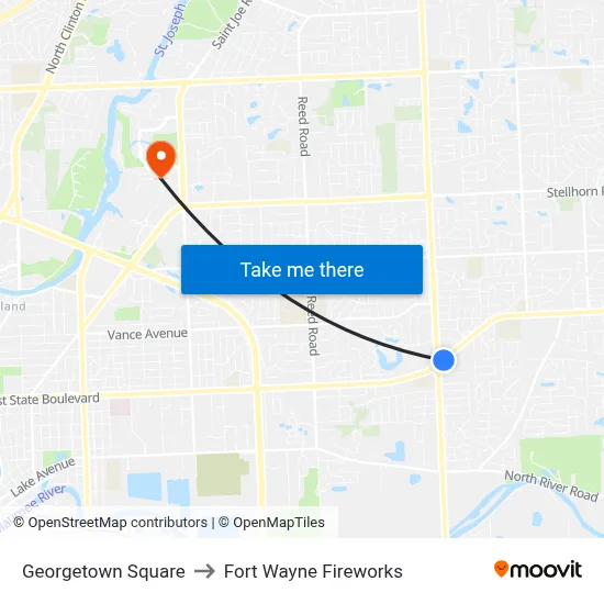 Georgetown Square to Fort Wayne Fireworks map