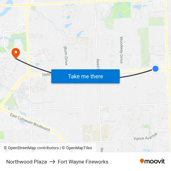 Northwood Plaza to Fort Wayne Fireworks map