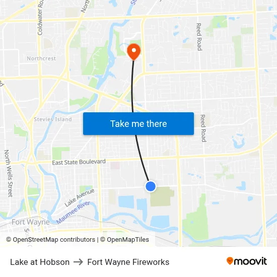 Lake at Hobson to Fort Wayne Fireworks map