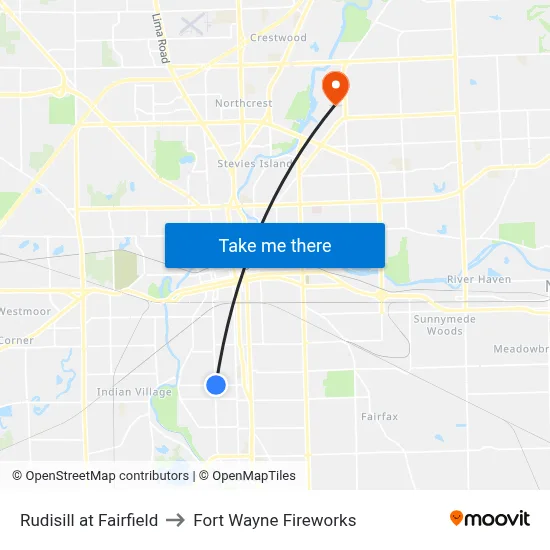 Rudisill at Fairfield to Fort Wayne Fireworks map
