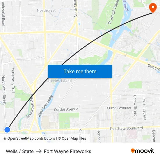 Wells / State to Fort Wayne Fireworks map