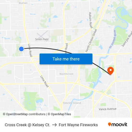 Cross Creek @ Kelsey Ct. to Fort Wayne Fireworks map