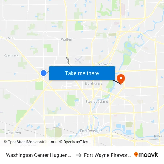 Washington Center Huguenard to Fort Wayne Fireworks map