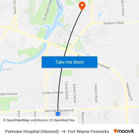 Parkview Hospital (Inbound) to Fort Wayne Fireworks map