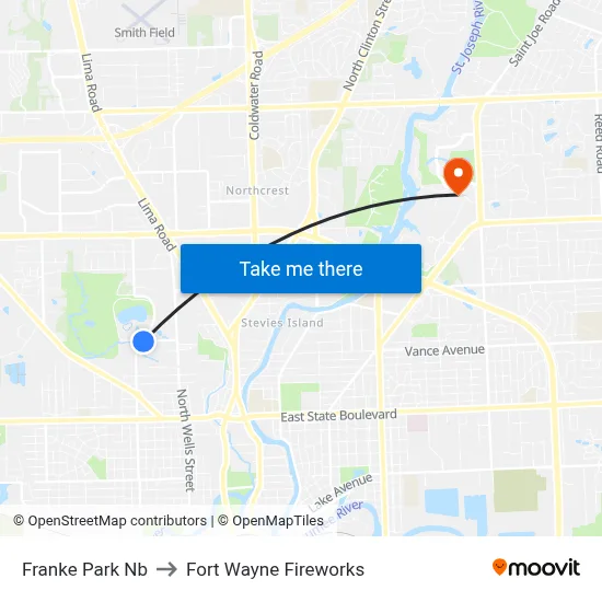 Franke Park Nb to Fort Wayne Fireworks map
