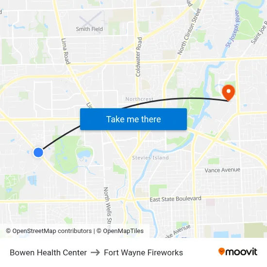 Bowen Health Center to Fort Wayne Fireworks map