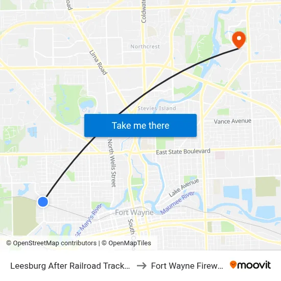 Leesburg After Railroad Tracks (Sb) to Fort Wayne Fireworks map