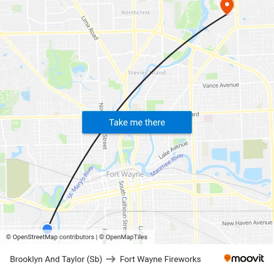 Brooklyn And Taylor (Sb) to Fort Wayne Fireworks map