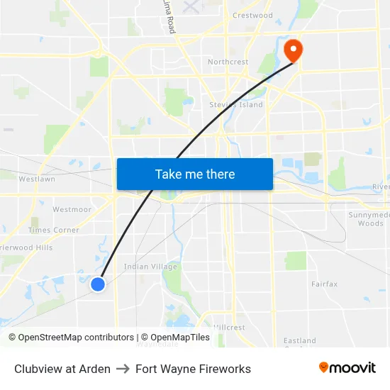 Clubview at Arden to Fort Wayne Fireworks map
