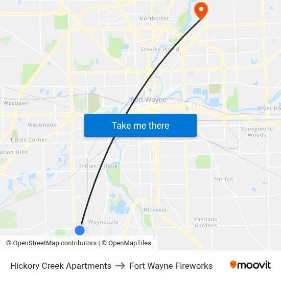 Hickory Creek Apartments to Fort Wayne Fireworks map
