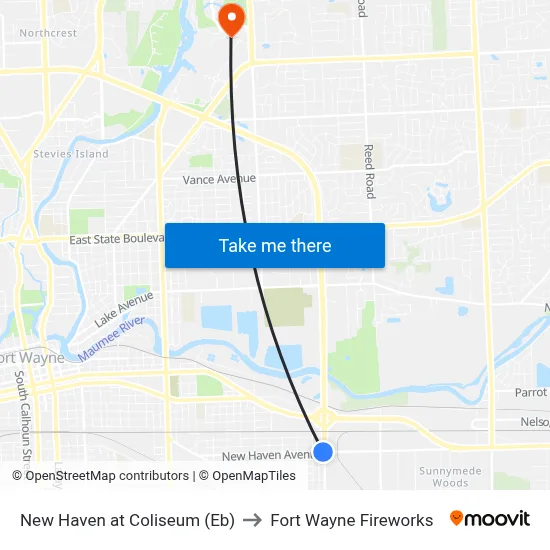 New Haven at Coliseum (Eb) to Fort Wayne Fireworks map