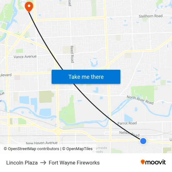 Lincoln Plaza to Fort Wayne Fireworks map