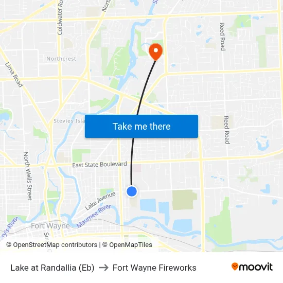 Lake at Randallia (Eb) to Fort Wayne Fireworks map