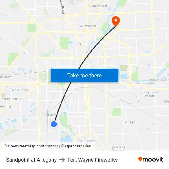 Sandpoint at Allegany to Fort Wayne Fireworks map