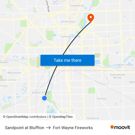 Sandpoint at Bluffton to Fort Wayne Fireworks map