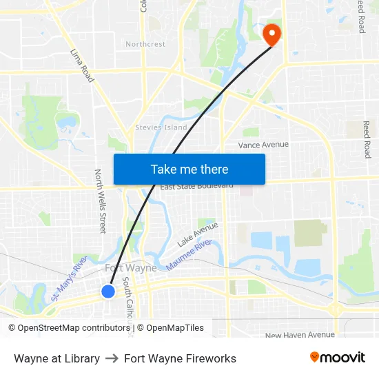 Wayne at Library to Fort Wayne Fireworks map