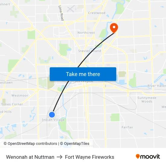 Wenonah at Nuttman to Fort Wayne Fireworks map