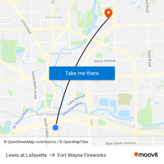 Lewis at Lafayette to Fort Wayne Fireworks map