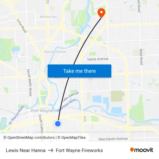 Lewis Near Hanna to Fort Wayne Fireworks map