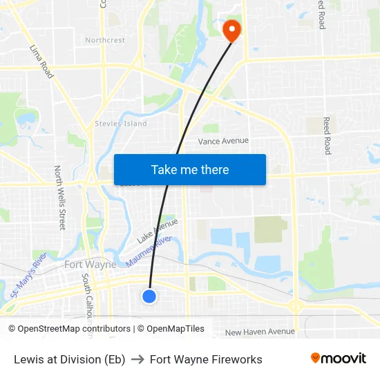 Lewis at Division (Eb) to Fort Wayne Fireworks map
