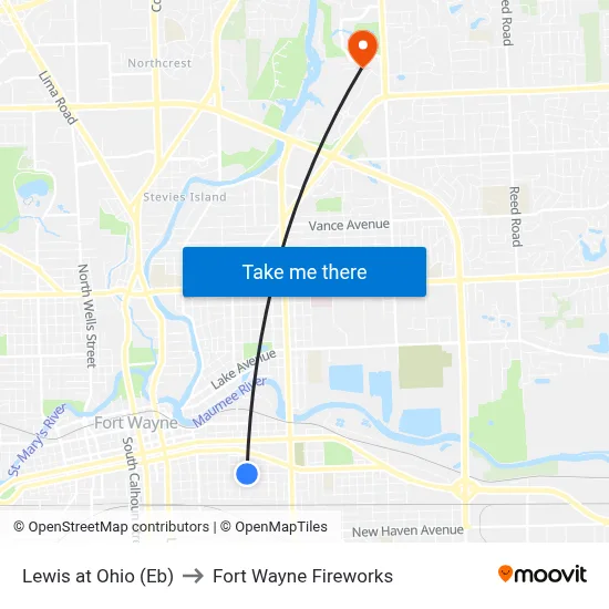 Lewis at Ohio (Eb) to Fort Wayne Fireworks map