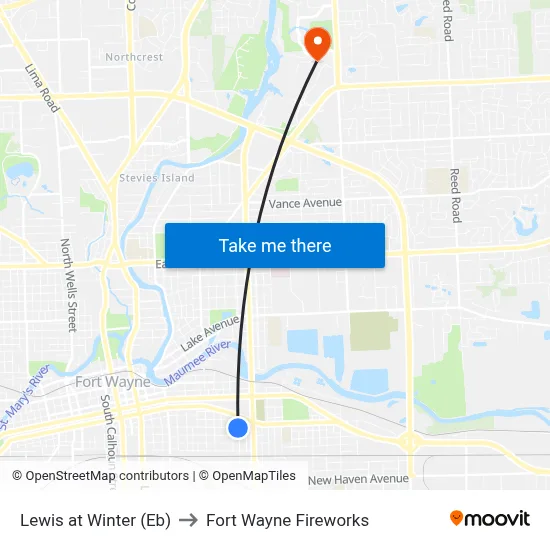 Lewis at Winter (Eb) to Fort Wayne Fireworks map