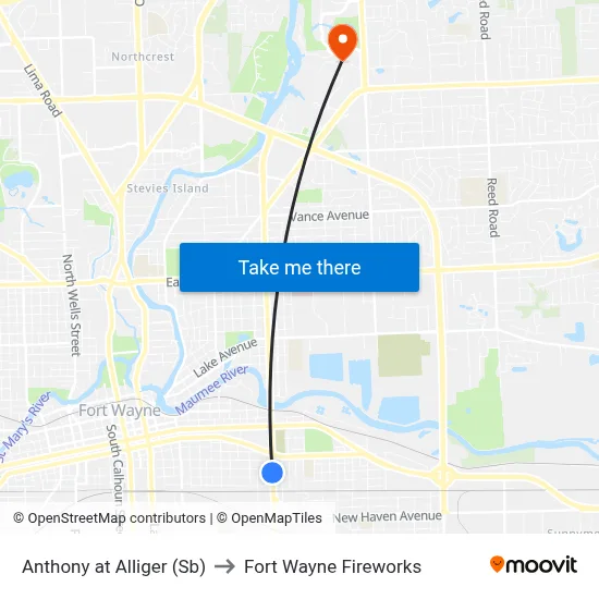 Anthony at Alliger (Sb) to Fort Wayne Fireworks map