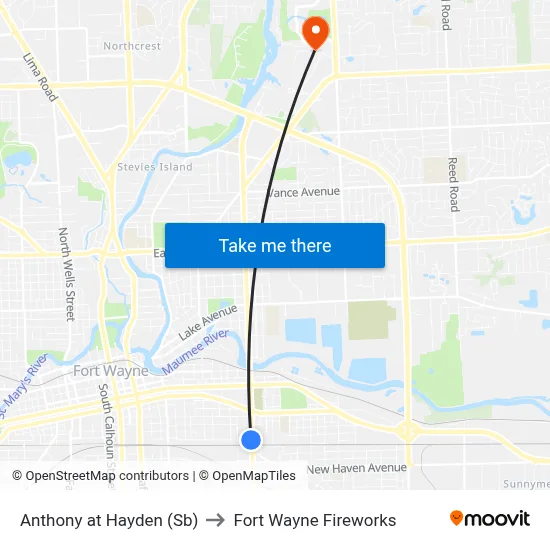 Anthony at Hayden (Sb) to Fort Wayne Fireworks map