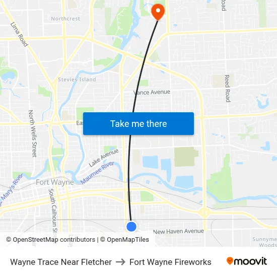 Wayne Trace Near Fletcher to Fort Wayne Fireworks map
