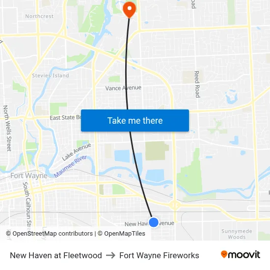 New Haven at Fleetwood to Fort Wayne Fireworks map