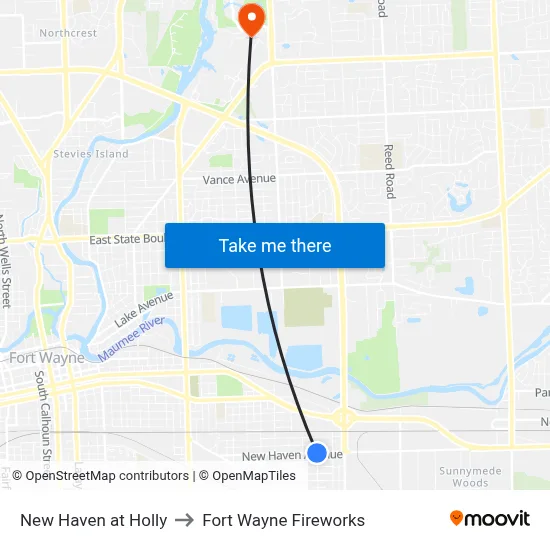 New Haven at Holly to Fort Wayne Fireworks map