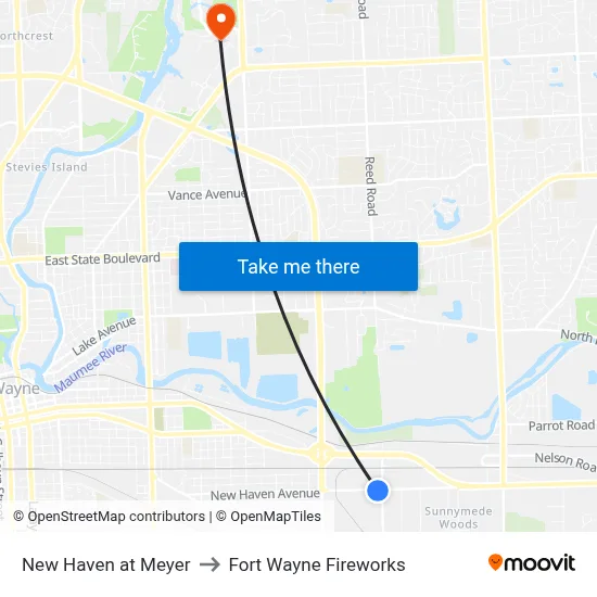 New Haven at Meyer to Fort Wayne Fireworks map