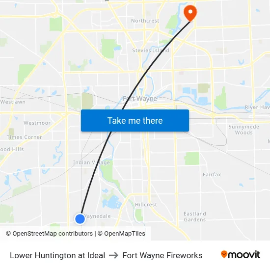 Lower Huntington at Ideal to Fort Wayne Fireworks map
