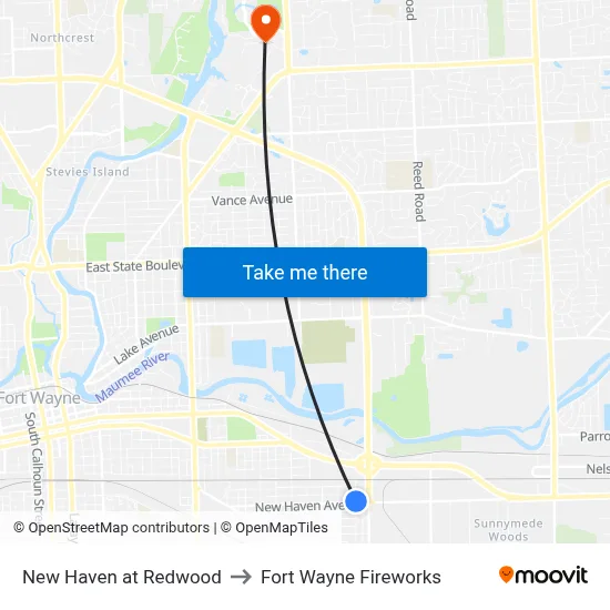 New Haven at Redwood to Fort Wayne Fireworks map