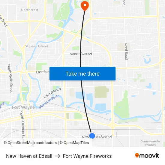 New Haven at Edsall to Fort Wayne Fireworks map