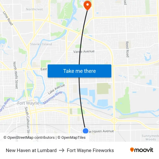 New Haven at Lumbard to Fort Wayne Fireworks map
