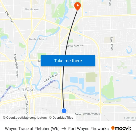Wayne Trace at Fletcher (Wb) to Fort Wayne Fireworks map