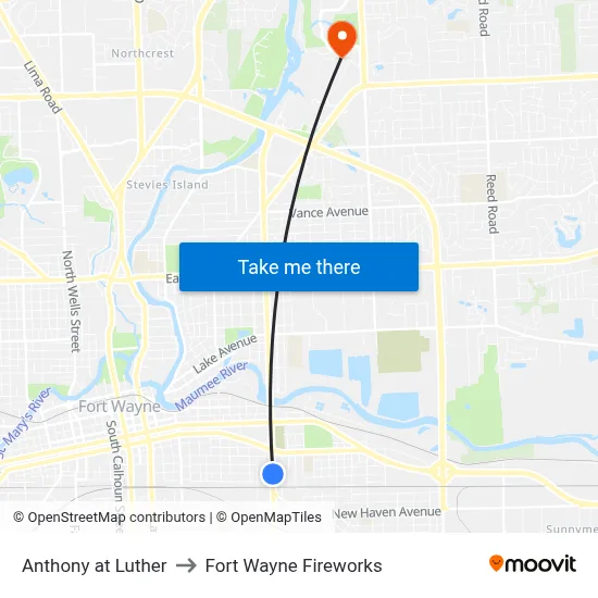 Anthony at Luther to Fort Wayne Fireworks map