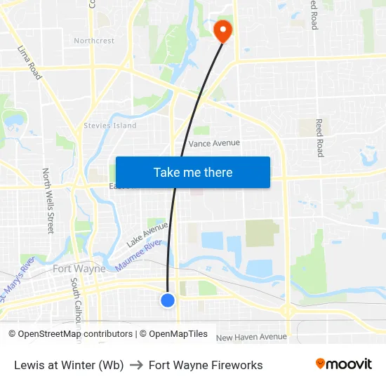 Lewis at Winter (Wb) to Fort Wayne Fireworks map