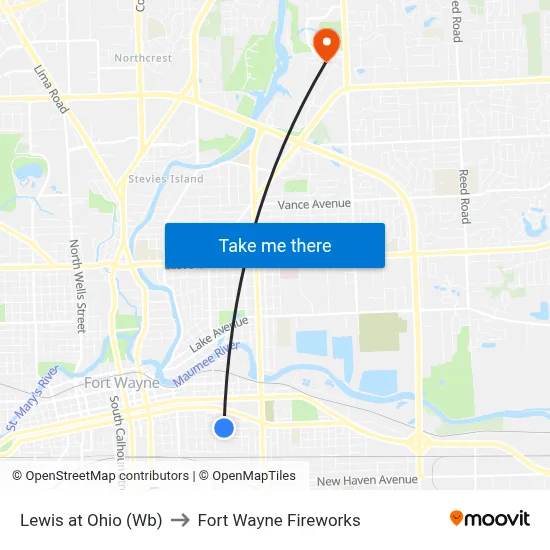 Lewis at Ohio (Wb) to Fort Wayne Fireworks map