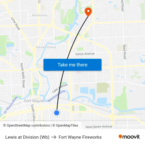 Lewis at Division (Wb) to Fort Wayne Fireworks map