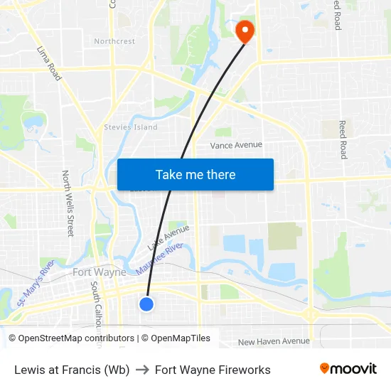 Lewis at Francis (Wb) to Fort Wayne Fireworks map