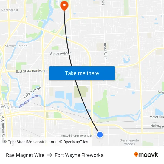 Rae Magnet Wire to Fort Wayne Fireworks map