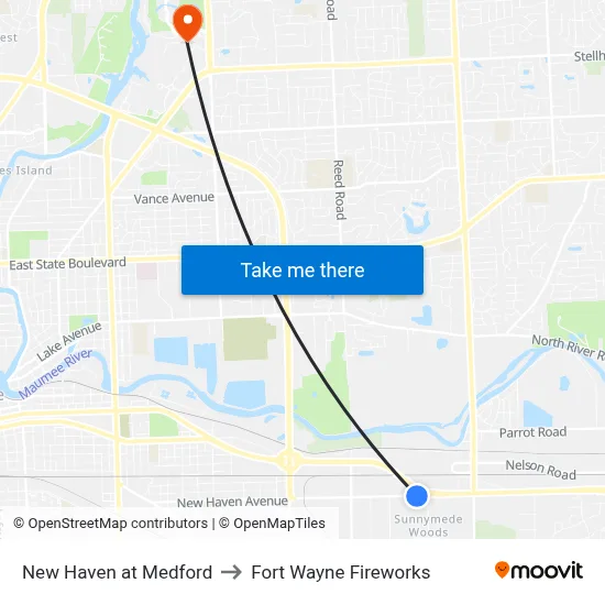 New Haven at Medford to Fort Wayne Fireworks map