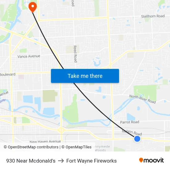 930 Near Mcdonald's to Fort Wayne Fireworks map