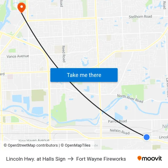 Lincoln Hwy. at Halls Sign to Fort Wayne Fireworks map