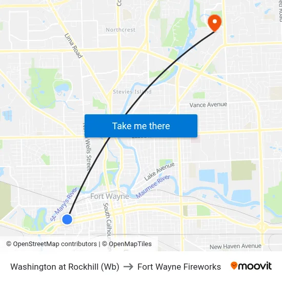 Washington at Rockhill (Wb) to Fort Wayne Fireworks map