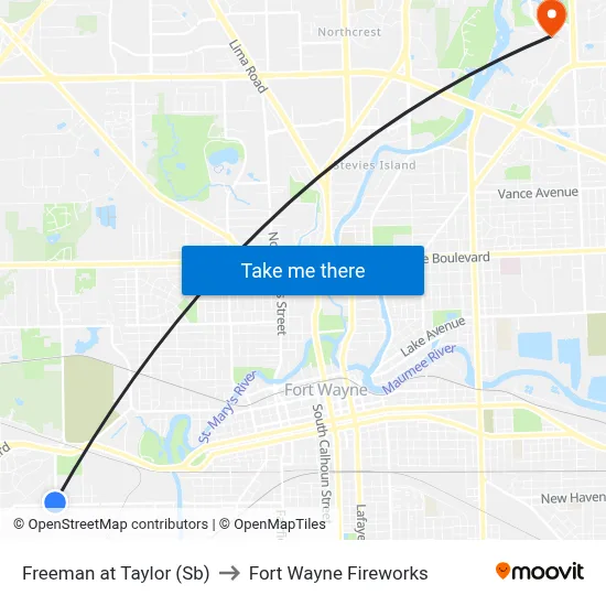 Freeman at Taylor (Sb) to Fort Wayne Fireworks map